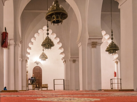 Koutoubia mosque interior with white pillars and decoration