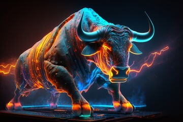 Angry Bull trading with computer, Bullist in Stock market and Crypto currency. Generative Ai