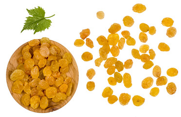 Raisins isolated on white background, top view