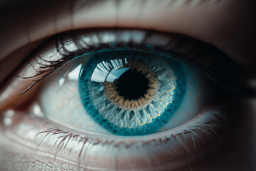 Horizontal illustration of an extreme close up of a blue eye and the iris of the eye, highly detailed, Generative AI