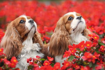 Two cute dogs of  cavalier king charles spaniel breed sitting together in red flowers
