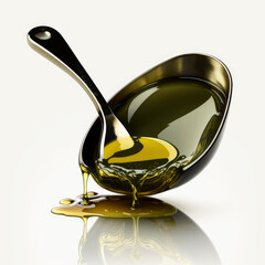 Close-Up Of Olive Oil Pouring On Spoon From Container Against White Background, ai