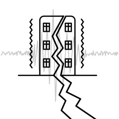 The building vibrates. Sketch. Seismograph data record the tremors of an earthquake. There was a crack in the wall of the house. The apartment building is split in half. Vector illustration. 