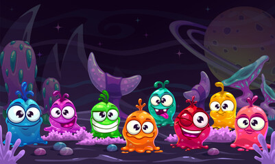 Fototapeta na wymiar Cute cartoon banner with colorful slimy aliens