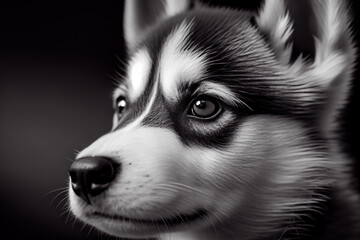 Schwarz weiß Portrait von einem Husky als Welpe. Perfektes Wandbild - Generative Ai