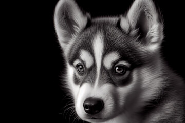 Obraz premium Schwarz weiß Portrait von einem Husky als Welpe. Perfektes Wandbild - Generative Ai