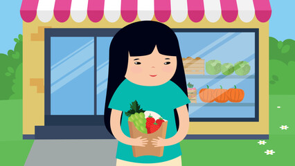 Illustration of a girl holding a grocery bag full of fresh fruits