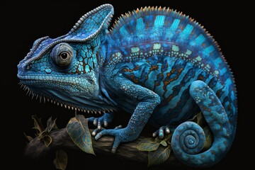 Closeup of blue chameleon, rendering  - obrazy, fototapety, plakaty
