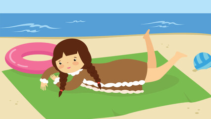Girl laying on the beach on the rug. Vector illustration.