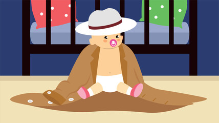 Baby boy in raincoat and hat sitting on the floor in the room. Vector illustration.