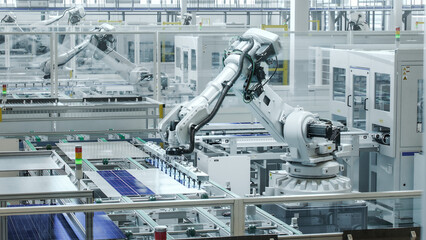 Automated Manufacturing Facility. White Industrial Robot Arm at Production Line at Modern Bright...