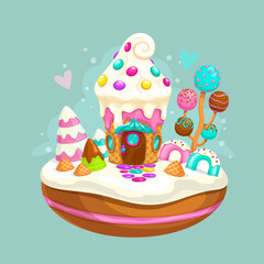 Flying sweet island with cute cake house.
