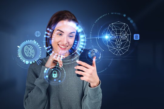 Smiling woman with phone and facial recognition, hologram with fingerprint - Powered by Adobe