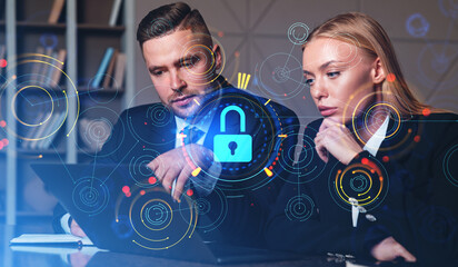 Business people with computer, lock sign and global internet sec