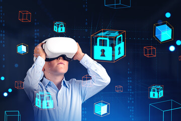Child boy in vr glasses, cybersecurity hologram and blockchain w