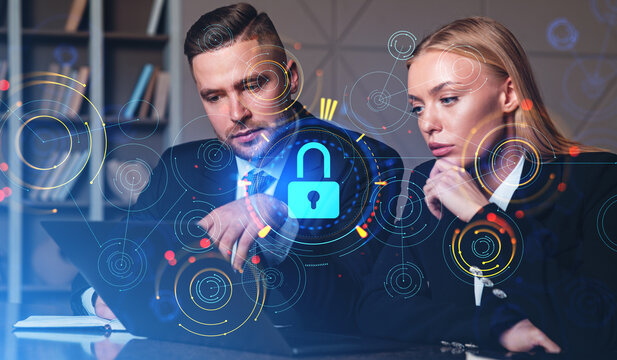Business people with computer, lock sign and global internet sec