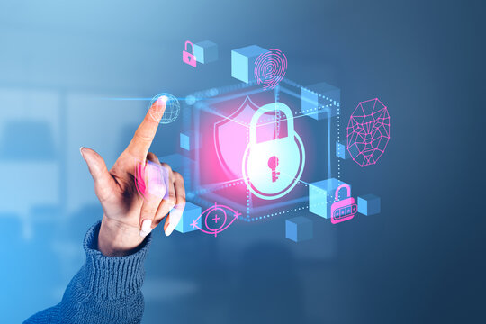 Businesswoman in casual wear touches digital interface hologram