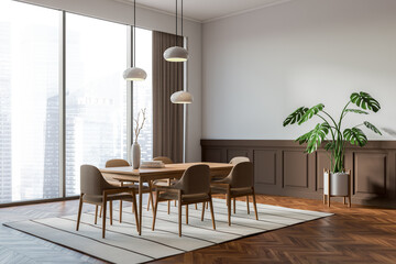 Light eating room interior with dinner table and seats, window. Mockup