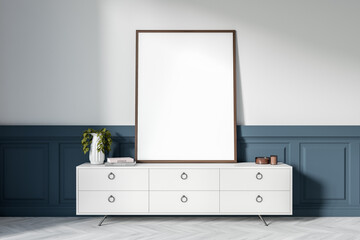 Front view on dark living room interior with empty poster