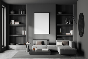Grey relax interior with couch and shelf with decoration. Mockup frame