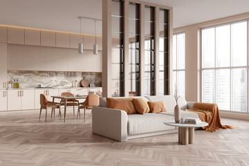 Corner view on bright studio room interior with dining table