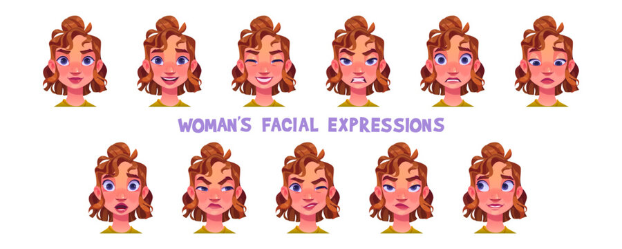 Woman facial expressions isolated vector illustration. Set of female face avatar with different emotion. Girl character is angry, happy, upset, surprise or ashamed. User animation head collection.