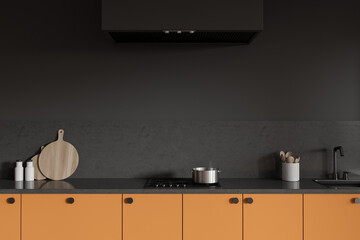Dark kitchen interior with cabinet and sink with stove. Mockup wall