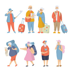 set of elderly tourist, senior traveler, enjoy retire life with luggage camera and handbag. isolated Vector illustration on white background