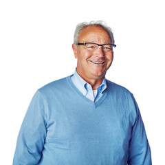 A happy and healthy grand father or a senior citizen in spectacles looking at the camera isolated...