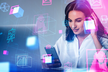 Businesswoman with smartphone and headphones, NFT marketplace hologram