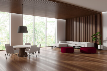 Wooden living room interior with eating table and couch, panoramic window