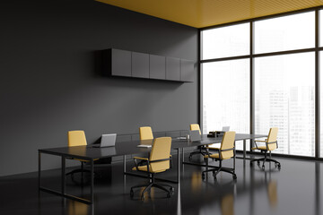 Grey business room interior with chairs and table, panoramic window