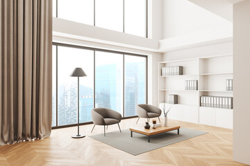 Stylish business interior with chill corner and shelf, panoramic window