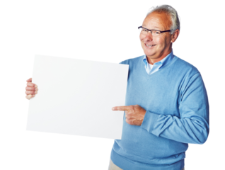 A confident grey haired elderly man holding and pointing a blank placard or a blank white board as recomending or endorsing a plan or a policy isolated on a png background.