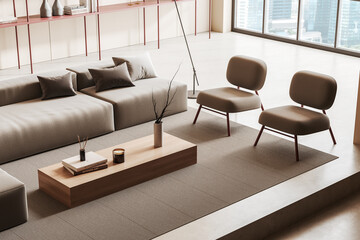 Top view of light chill interior with couch, armchairs and panoramic window