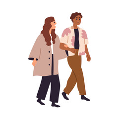 Love couple walking. Happy romantic woman and man strolling, talking together. Smiling interracial boyfriend, girlfriend going, laughing outdoors. Flat vector illustration isolated on white background