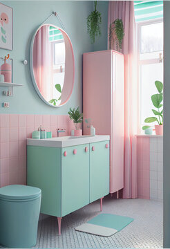 Bath Room Interior Design Vintage style, pastel colors. Blue walls, pink tiles, pastel colored and vintage furniture. Generative AI 3D illustration