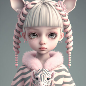 Doll Girl With Pastel Hair Holding A Toy Zebra. Illustration Ai Generated. Portrait Of Baby Doll Girl, Looking At The Camera, Color Illustration.