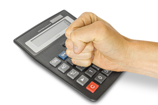 Man strikes a fist on the calculator. Finance concept. png transparent