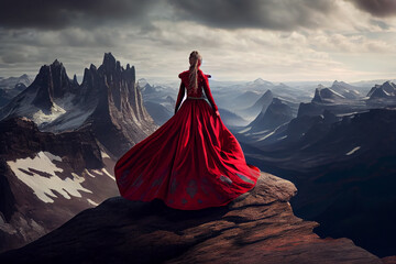 Eine Frau im roten Prinzessinnenkleid auf hohen Bergen: Träume werden wahr inmitten von Schönheit und Freiheit - Generative Ai