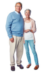 A joyful senior couple spending retirement together with commitment in relationship isolated on a png background.