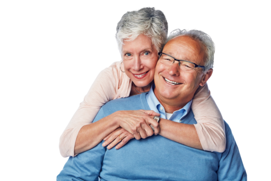 An affectionate loving middle aged hoary beautiful woman cuddling from back to his joyful old husband isolated on a png background. - Powered by Adobe