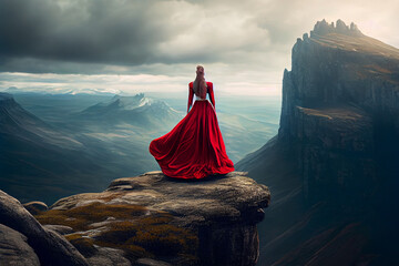 Eine Frau im roten Prinzessinnenkleid auf hohen Bergen: Träume werden wahr inmitten von Schönheit und Freiheit - Generative Ai - obrazy, fototapety, plakaty