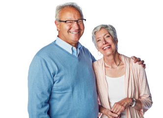 A cheerful senior couple posing together in happiness and bonding for relationship isolated on a png background.