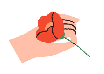 Hand holding flower, presenting spring floral plant. Single blossomed bloom in fingers, beautiful gentle delicate romantic gift. Cut wildflower. Flat vector illustration isolated on white background