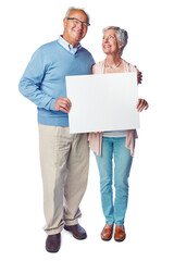 A mature couple stands next to each other with a satisfied facial expressions and enjoy time together while holding a blank pla card isolated on a png background. - obrazy, fototapety, plakaty