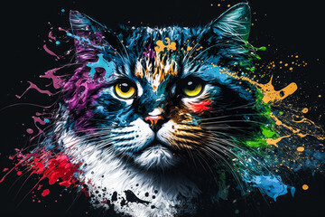 Portrait de chat avec des taches de peinture colorée - Générative IA