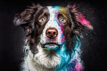 Portrait de chien avec des taches de peinture colorée - Générative IA