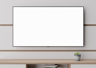 TV mock up. LED TV with blank white screen, hanging on the wall at home. Copy space for advertising, movie, app presentation. Empty television screen ready for your design. Modern interior. 3D render.