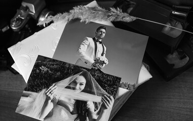 Plakat Wedding photo album, concept of old school style, scope of groom and bride. Nostalgia photos